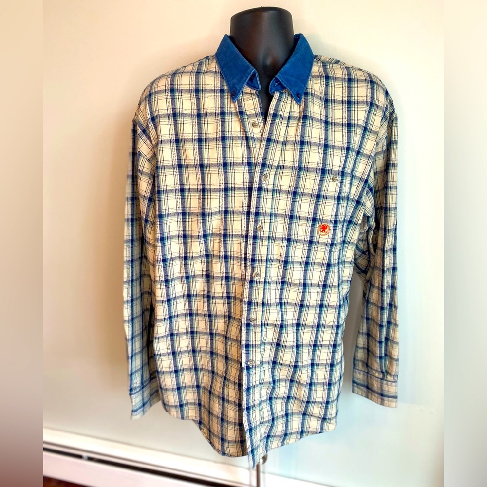 Twenty X by Wrangler XL 18 1/2 35/36. Plaid with denim collar. Vintage 90’s.